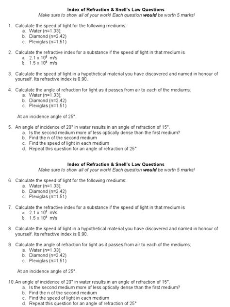 Pdf Index Of Refraction Amp Snellu0027s Law Questions Refraction Worksheet Answers - Refraction Worksheet Answers