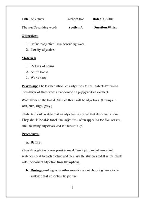 Pdf Lesson Plan On Adjective For Grade 1 Adjectives For Grade 1 - Adjectives For Grade 1