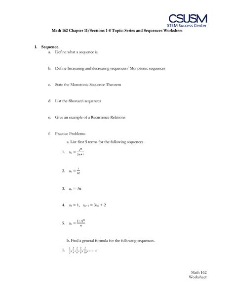 Pdf M125 Series Sequences California State University San Series And Sequences Worksheet - Series And Sequences Worksheet