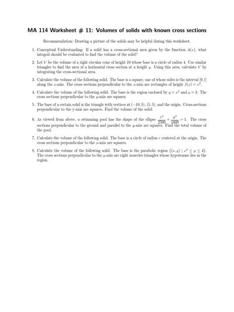 Pdf Ma 114 Worksheet 11 Volumes Of Solids Cross Sections Of Solids Worksheet - Cross Sections Of Solids Worksheet