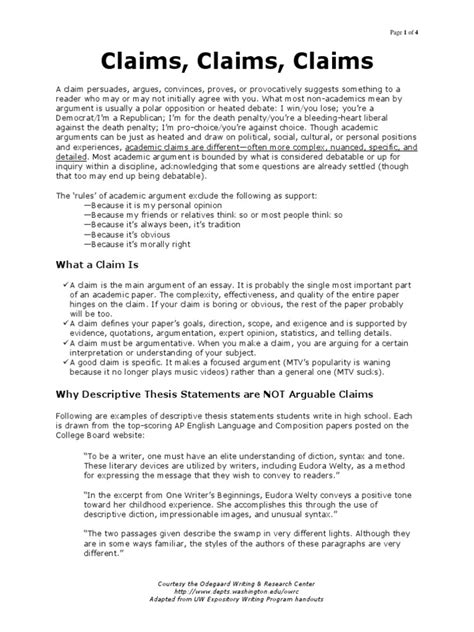 Pdf Page Claims Claims Claims Uw Departments Web Writing A Claim Worksheet - Writing A Claim Worksheet