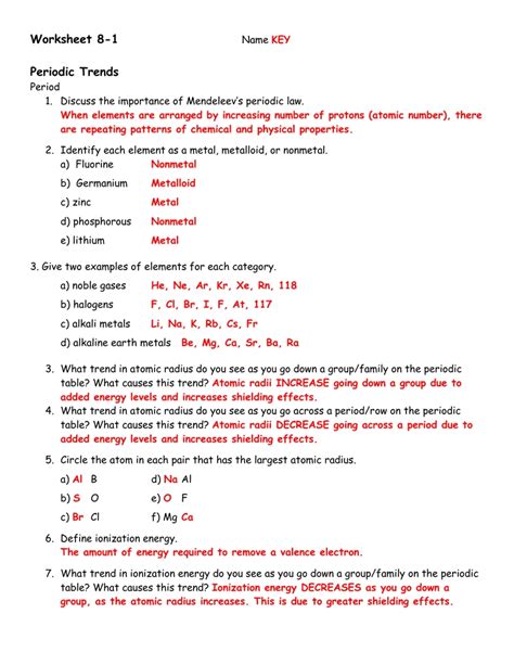 Pdf Periodic Table Trends Worksheet Answers Lps The Periodic Table Worksheet Answer Key - The Periodic Table Worksheet Answer Key