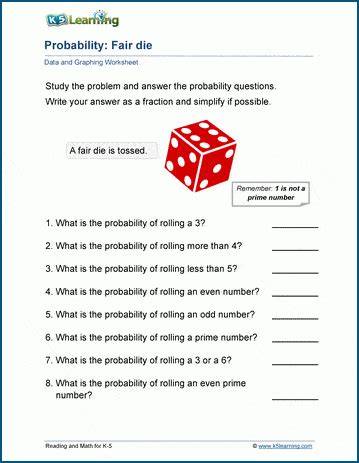 Pdf Probability Fair Die Worksheet K5 Learning Probability Worksheets 5th Grade - Probability Worksheets 5th Grade