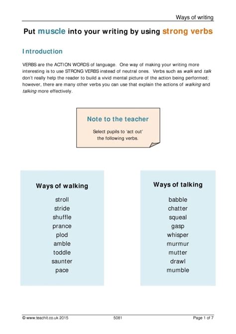 Pdf Put Muscle Into Your Writing By Using Using Strong Verbs Worksheet - Using Strong Verbs Worksheet