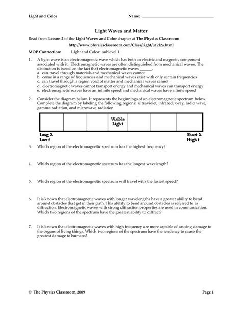 Pdf Read From Lesson 2 Light Waves And Physics Light Worksheet - Physics Light Worksheet