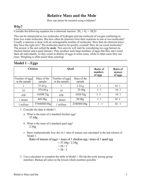 Pdf Relative Mass And The Mole Answer Key The Mole Worksheet Chemistry Answers - The Mole Worksheet Chemistry Answers