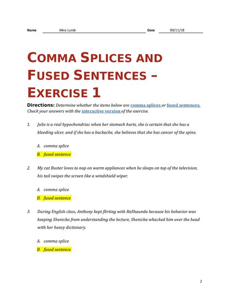 Pdf Run On Sentences Comma Splices And Fragments Run On And Comma Splice Worksheet - Run On And Comma Splice Worksheet