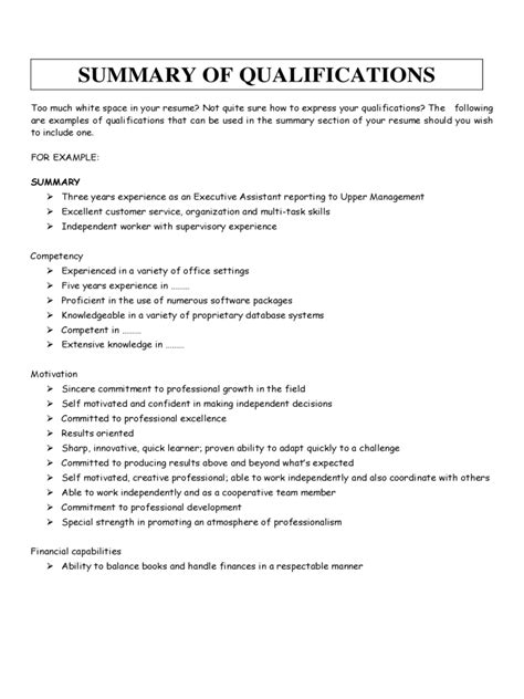 Pdf S Ummary Of Qualifications Examples For Resume Resume Qualifications Example - Resume Qualifications Example