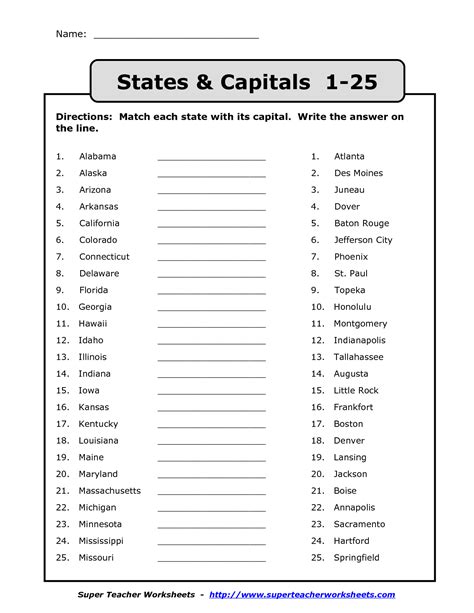 Pdf States Amp Capitals 1 25 Super Teacher Matching States And Capitals Worksheet - Matching States And Capitals Worksheet