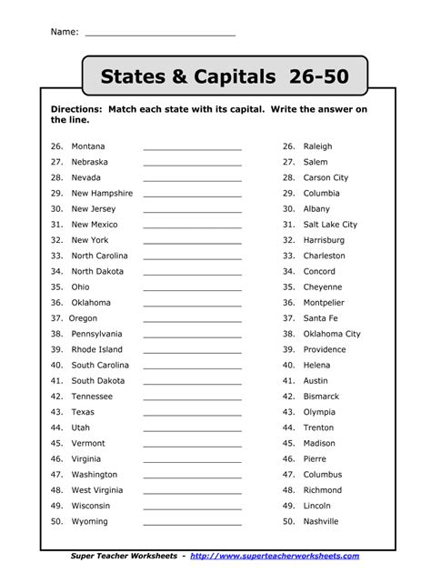 Pdf States Amp Capitals 26 50 Super Teacher Matching States And Capitals Worksheet - Matching States And Capitals Worksheet