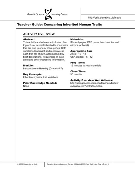 Pdf Teacher Guide Comparing Inherited Human Traits Texas Human Genetic Traits Worksheet - Human Genetic Traits Worksheet