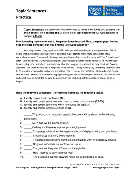Pdf Topic Sentences Practice George Brown College Topic Sentence Worksheet With Answers - Topic Sentence Worksheet With Answers