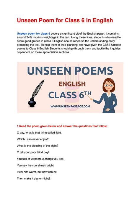 Pdf Unseen Poem For Class 6 Sample 1 Poem Comprehension For Grade 6 - Poem Comprehension For Grade 6