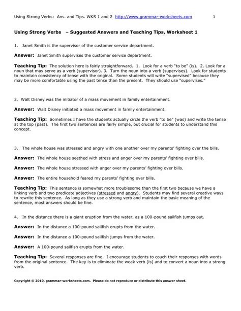 Pdf Using Strong Verbs Suggested Answers And Teaching Using Strong Verbs Worksheet - Using Strong Verbs Worksheet
