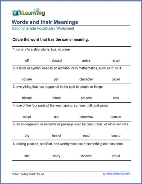 Pdf Words And Their Meanings Worksheet K5 Learning Vocabulary 5th Grade Worksheet - Vocabulary 5th Grade Worksheet