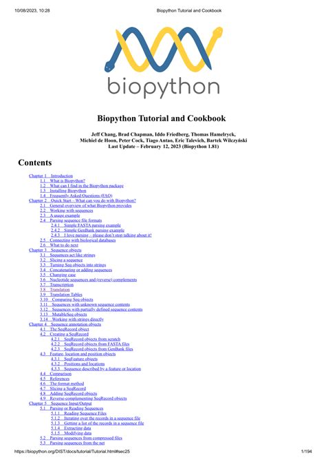 Read Pdf Biopython Tutorial And Cookbook 