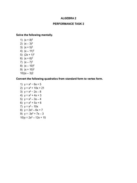 Pearson Algebra 2 Performance Tasks Answers