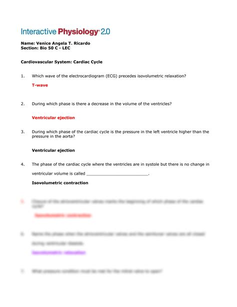 pearson cardiovascular answer sheet