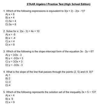 Pearson Staar Algebra 1 Practice