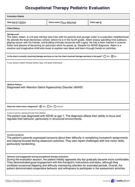 pediatric occupational therapy pediatric evaluation template