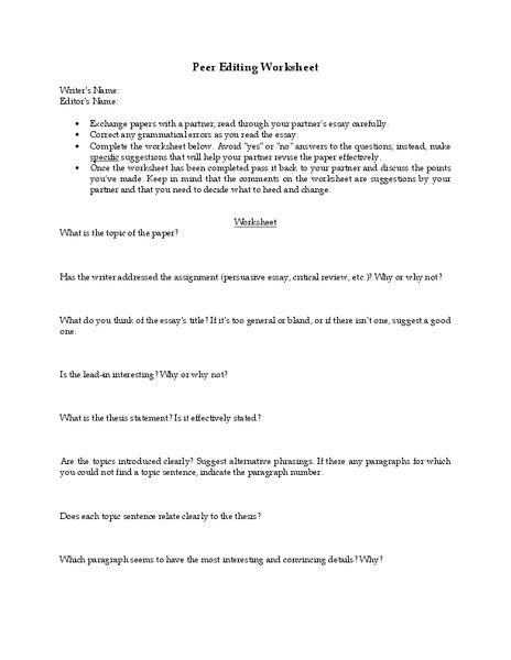 Peer Editing Worksheet Worksheet For 10th 12th Grade Editing Worksheet Grade 10 - Editing Worksheet Grade 10