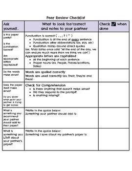 peer review checklist writing middle school