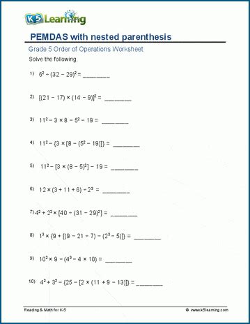 Pemdas With Nested Parenthesis K5 Learning Pemdas Worksheets For 5th Grade - Pemdas Worksheets For 5th Grade