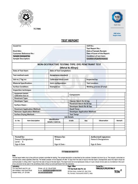 Penetrant Test Report Format