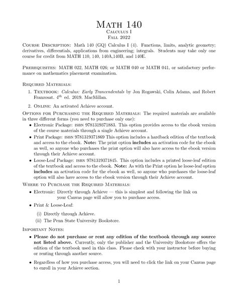 Penn State Beaver Math 140 Catalog Description