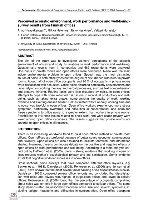 Perceived Acoustic Environment Work Performance And Well
