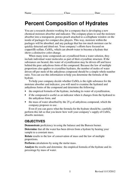 Percent Composition Of Hydrates Lab Manual Docsity Composition Of Hydrates Worksheet Answers - Composition Of Hydrates Worksheet Answers