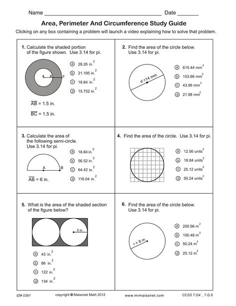 Perimeter Circumference And Area Answer Key