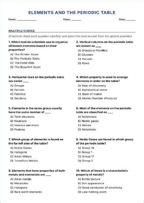 periodic table multiple choice test