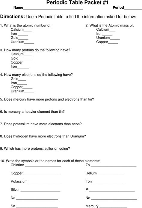 periodic table packet 1 answer key