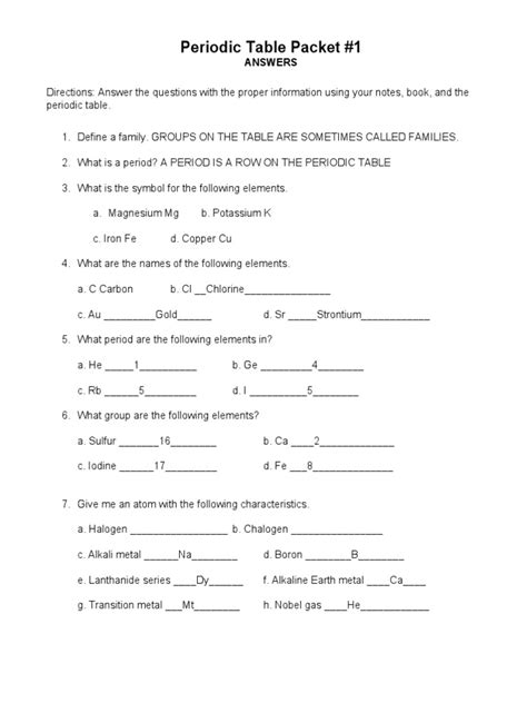 Periodic Table Packet 1 Cheat Sheet