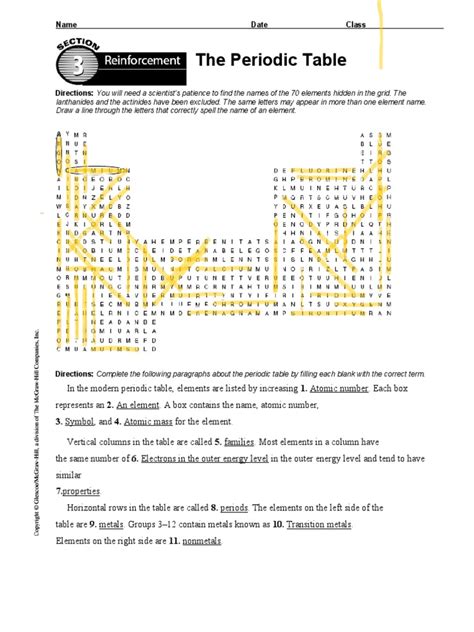 Periodic Table Section 3 Reinforcement