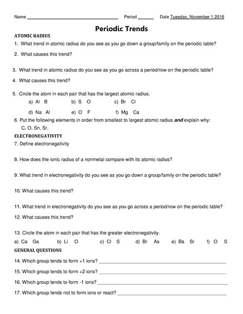Periodic Trends Activity Answer Key