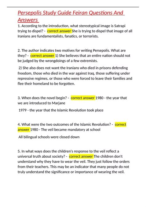 Persepolis Study Guide Answers