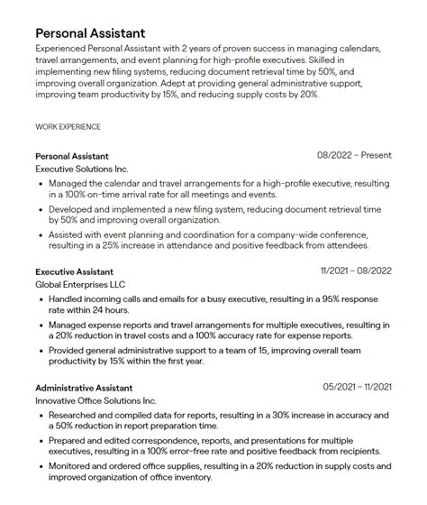 Personal Assistant Achievements Examples