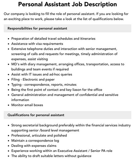 Personal Assistant Position Description