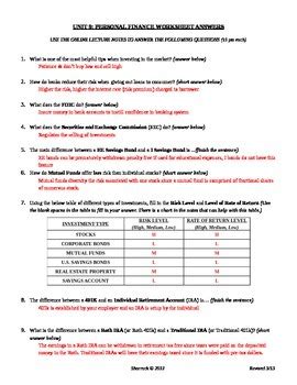 Personal Finance Activity Answer Key