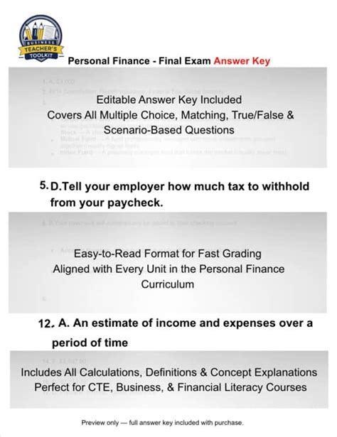 Personal Finance Final Exam Answer Key