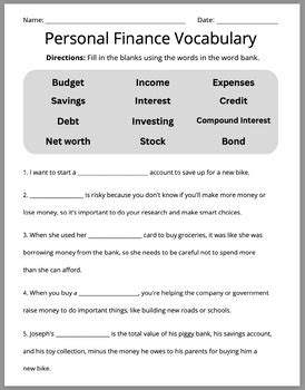 personal finance student activity sheet