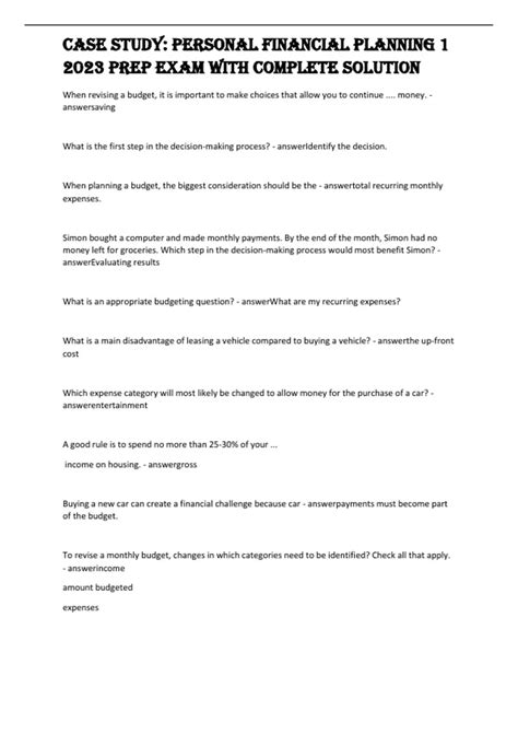 Personal Financial Planning Case Study With Solution