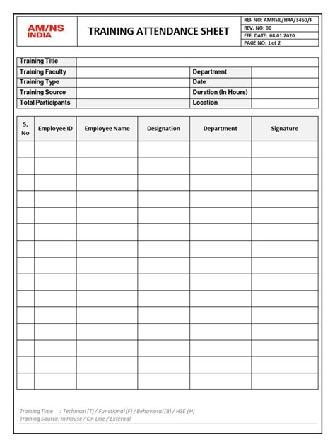 personal training attendance sheet