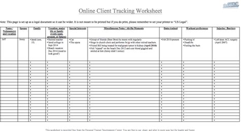 Personal Training Client Tracking Sheet