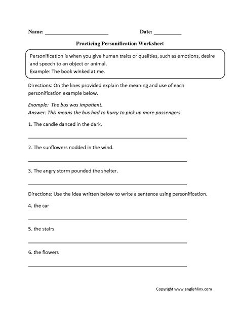 Personification Worksheets Tutoring Hour 5th Grade Personification Worksheet - 5th Grade Personification Worksheet