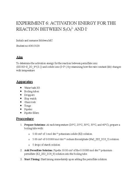 persulfate iodide reaction activation energy value