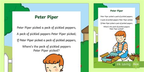 Peter Piper Nursery Rhymes Peter Piper Picked A Pepper Poem - Peter Piper Picked A Pepper Poem