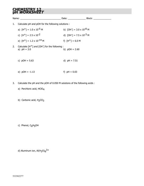 Ph Worksheet Chemistry Libretexts Ph Worksheet 1 - Ph Worksheet 1